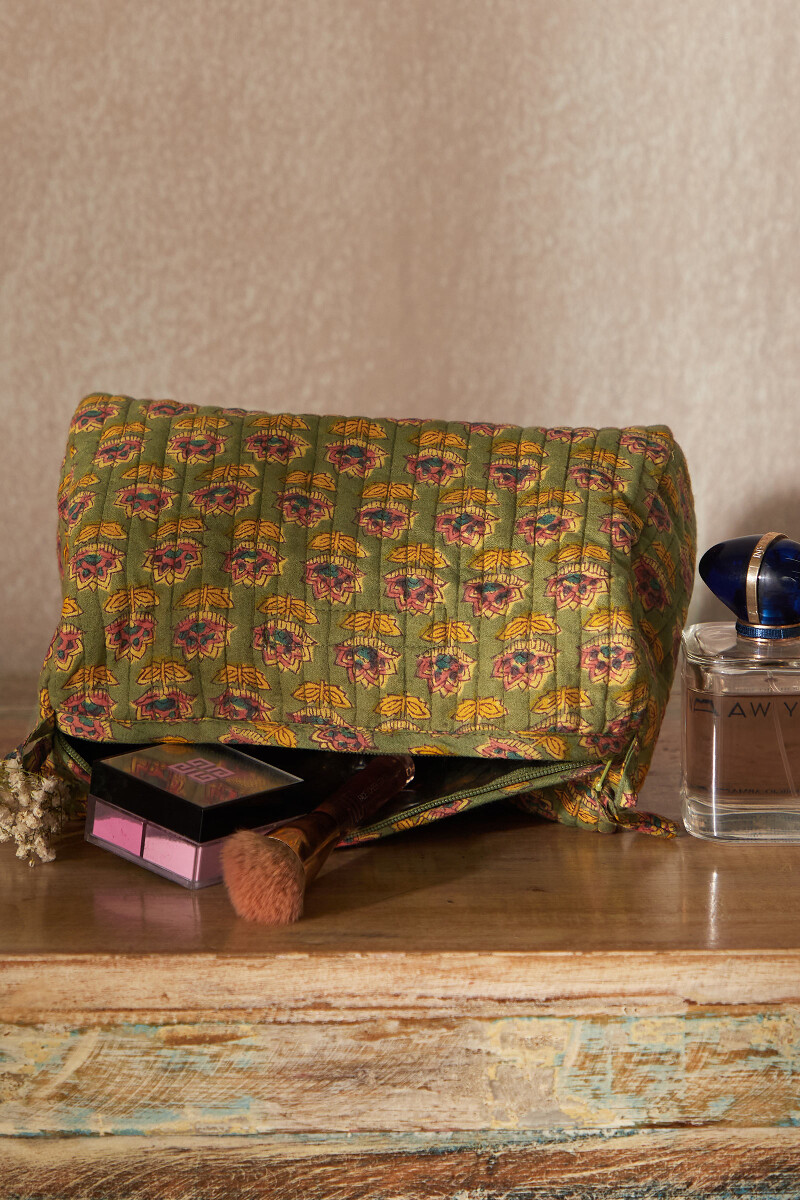 Green Hand Block-Printed Cotton Vanity Pouch