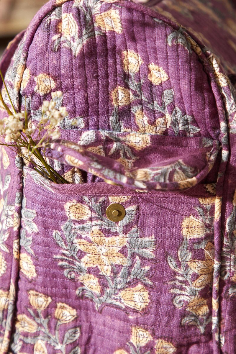Purple Hand Block-Printed Cotton Slub Duffel Bag
