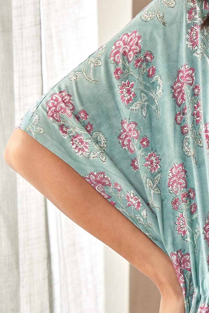 Green Hand Block-Printed Viscose Kaftan