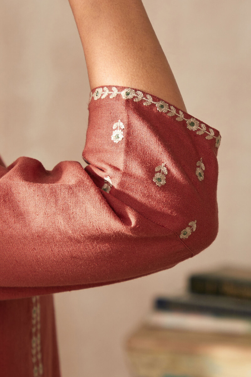 Red Handcrafted Straight Cotton Flax Kurta