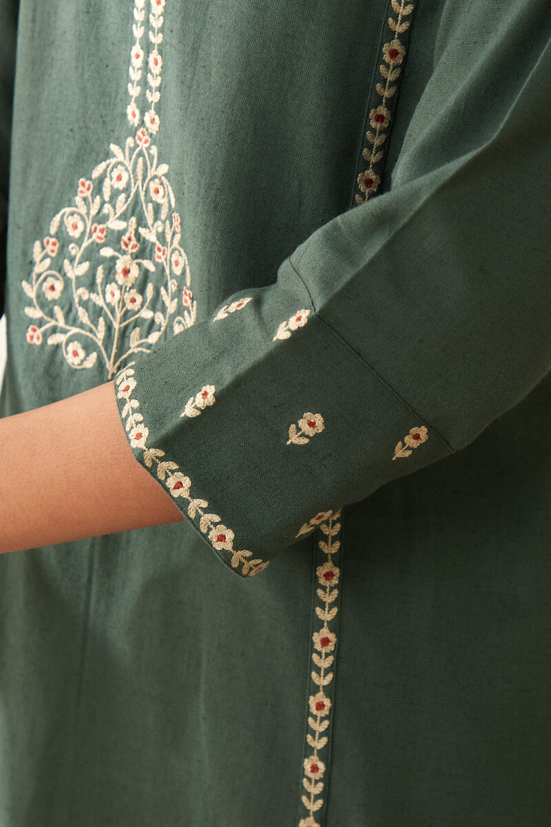 Green Handcrafted Straight Cotton Flax Kurta
