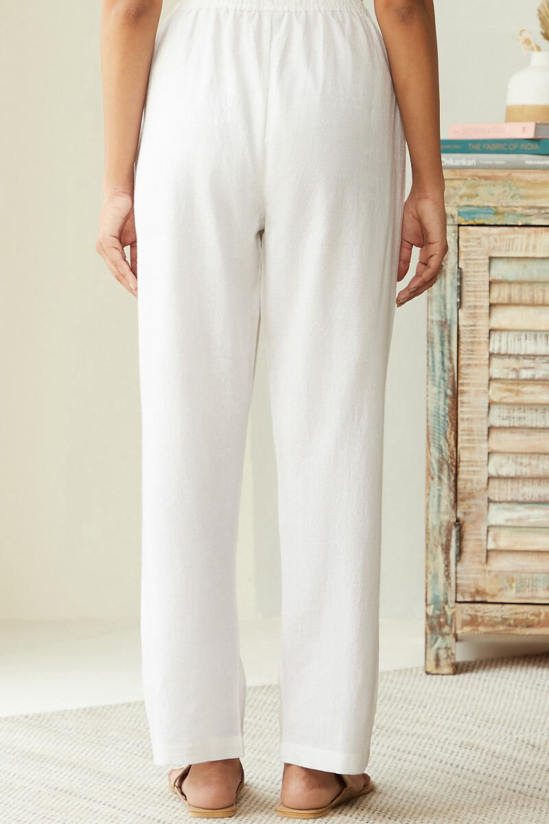 White Handcrafted Cotton Flax Pants