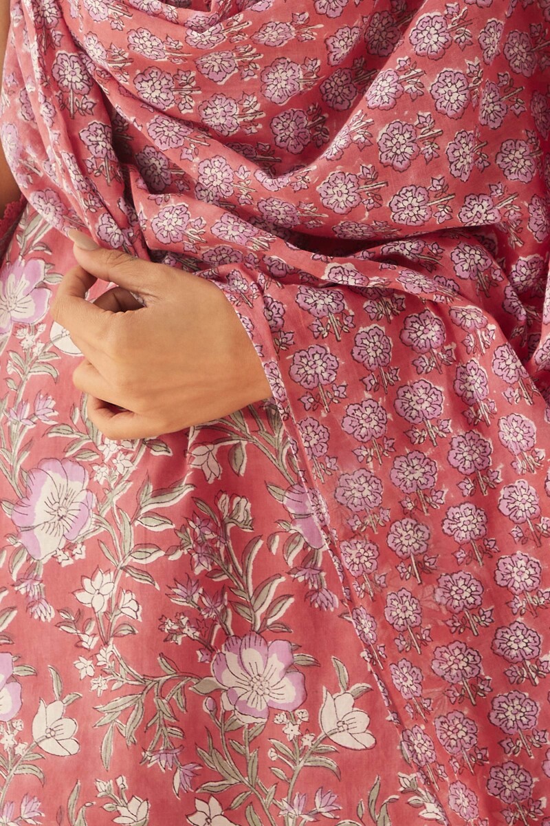 Pink Hand Block-Printed Cotton Mul Dupatta
