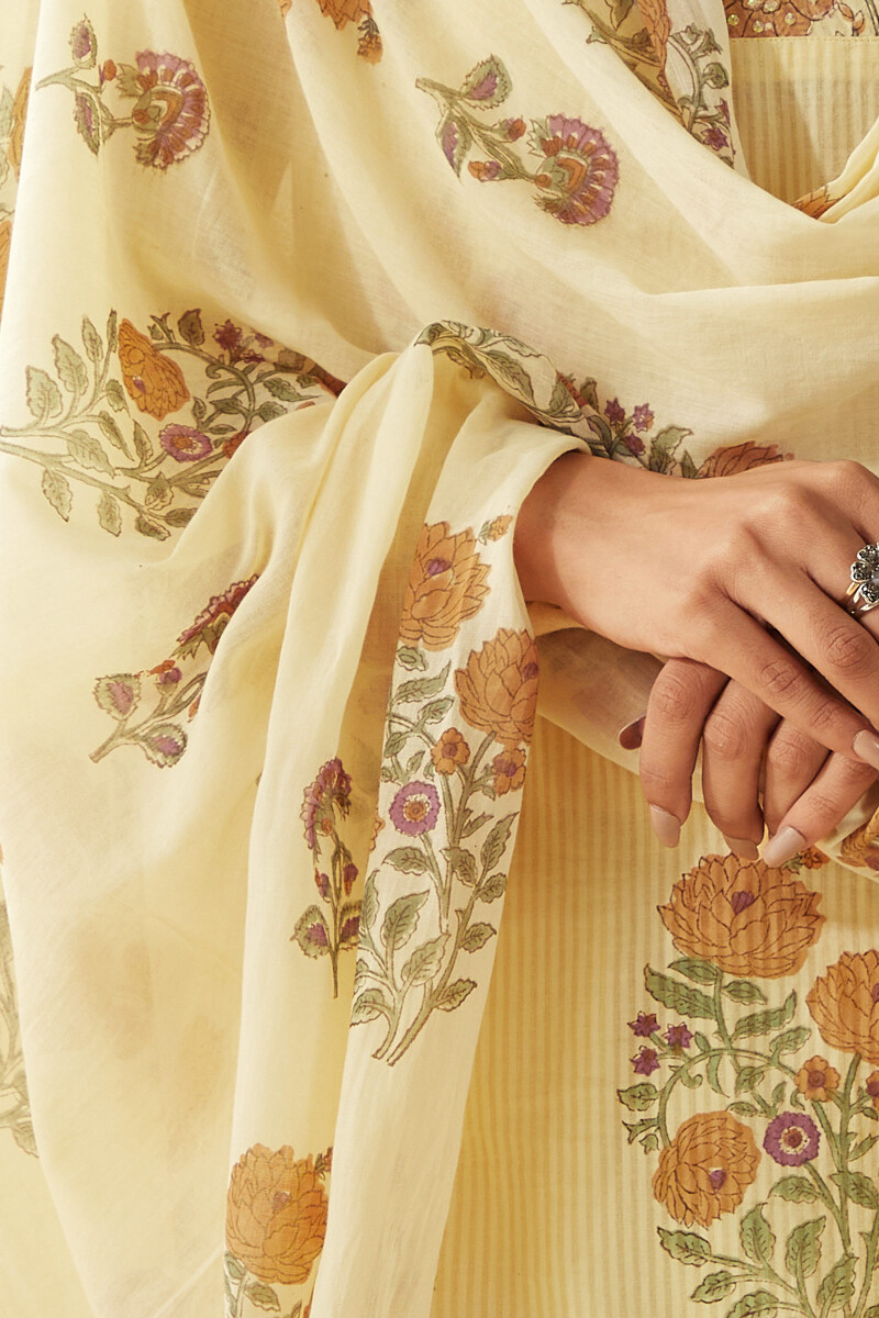 Yellow Hand Block-Printed Cotton Mul Dupatta