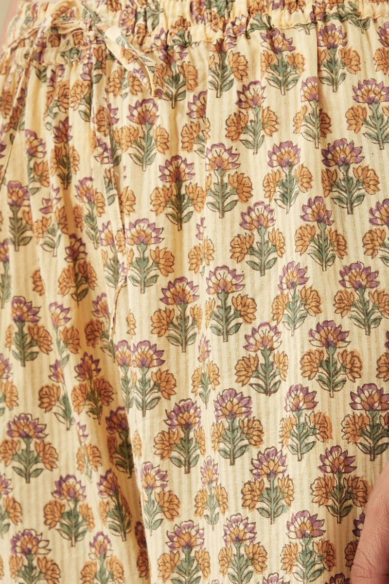 Beige Hand Block-Printed Cotton Dobby Izhaar Pants