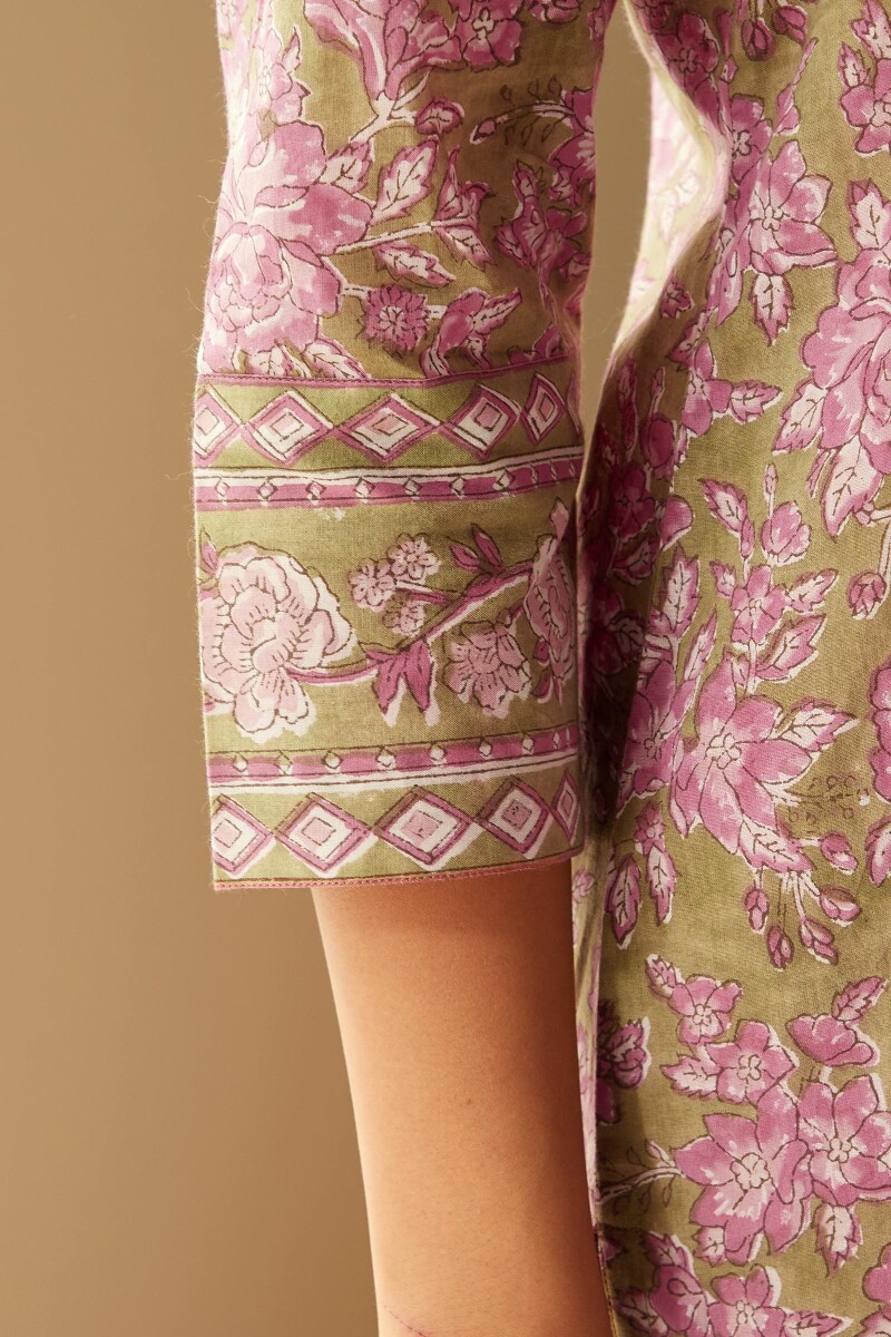 Green Hand Block-Printed Straight Cotton Kurta