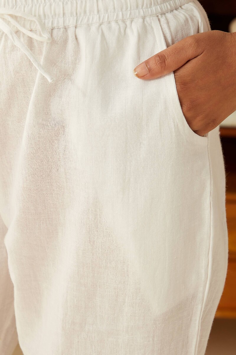 White Handcrafted Cotton Linen Narrow Pants