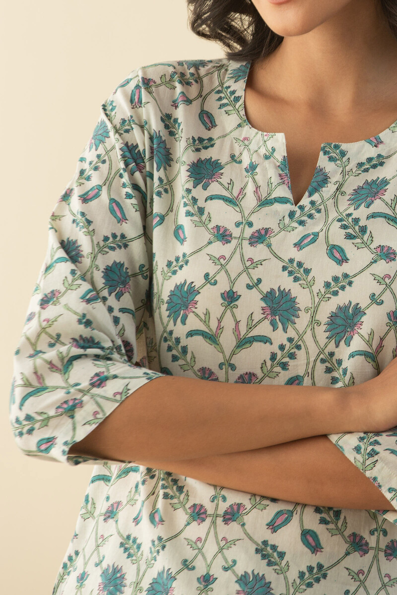 White Hand Block-Printed Cotton Loungewear Set