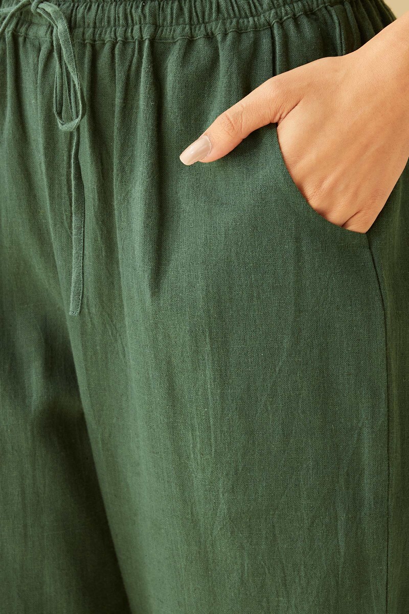 Forest Green Handcrafted Cotton Flax Narrow Pants