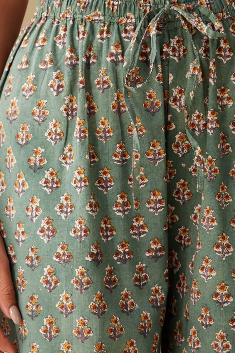 Green Hand Block-Printed Cotton Izhaar Pants