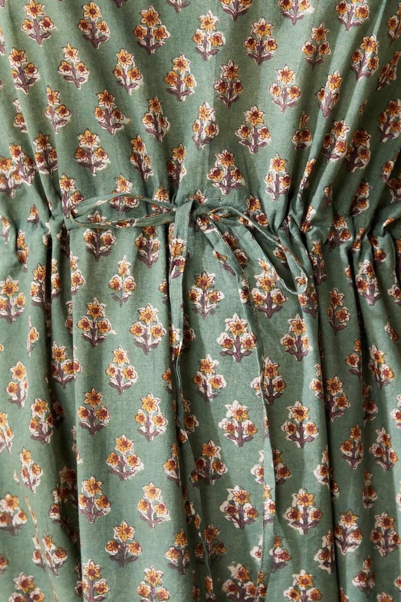 Green Hand Block-Printed Cotton Kaftan