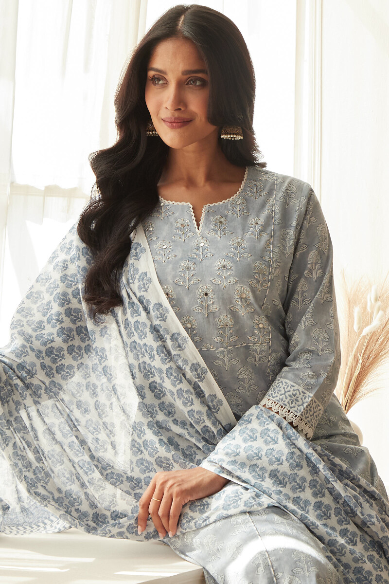 White Hand Block-Printed Cotton Mul Dupatta