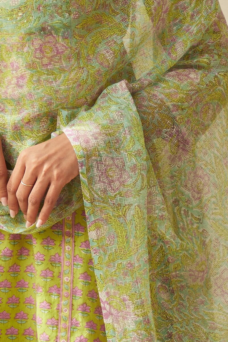 Green Hand Block-Printed Kota Dupatta