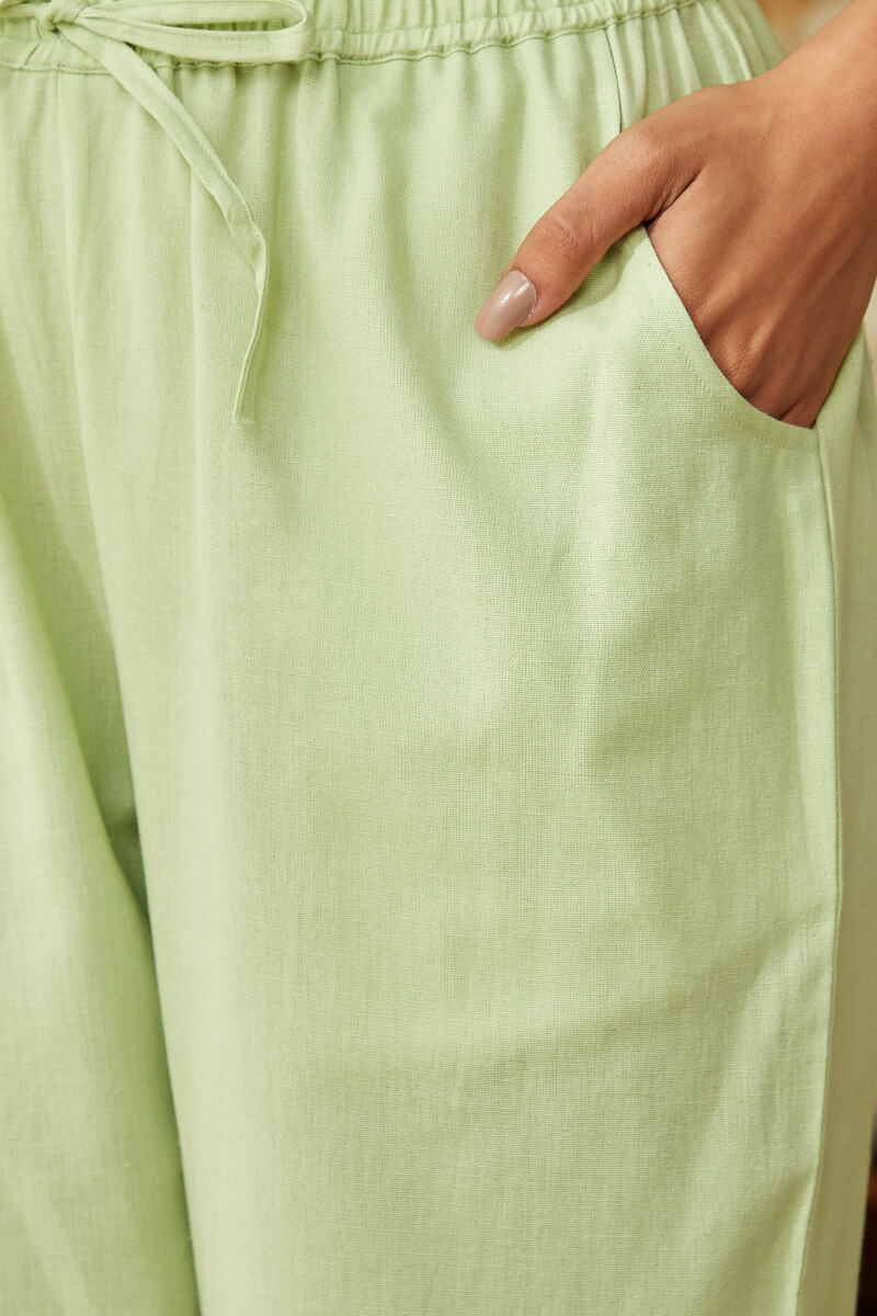 Green Handcrafted Straight Cotton Flax Narrow Pants