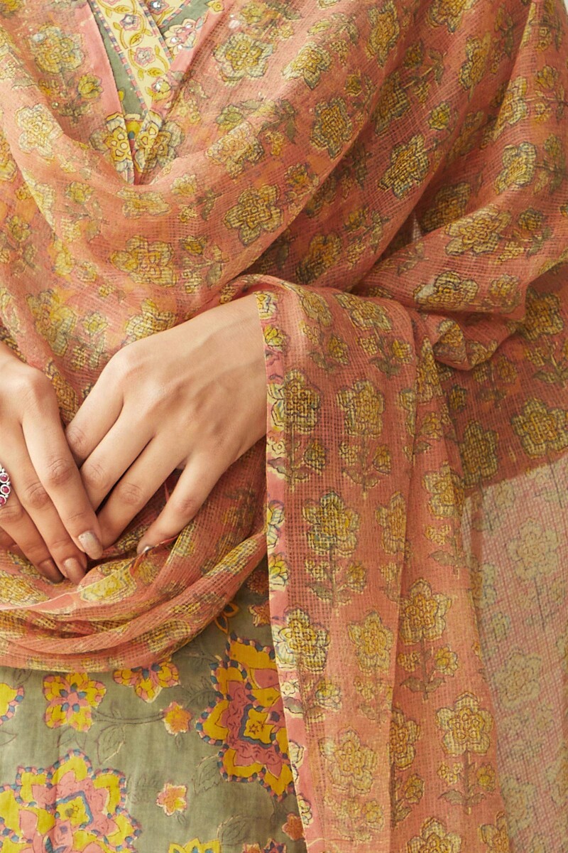 Peach Hand Block-Printed Kota Dupatta