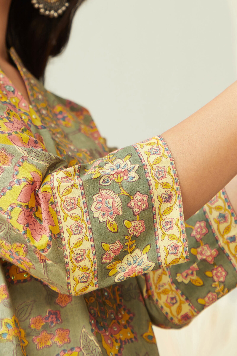 Olive Green Hand Block-Printed Straight Cotton Kurta