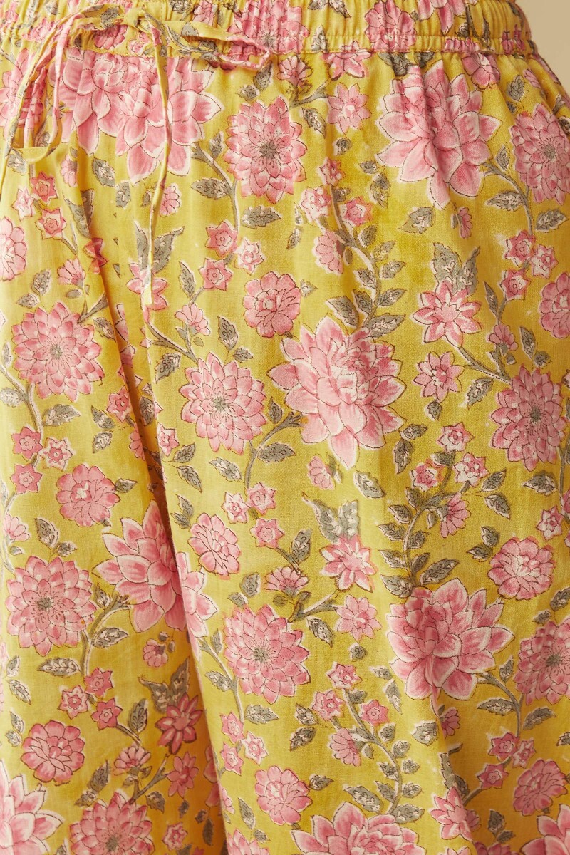 Yellow Hand Block-Printed Cotton Izhaar Pants