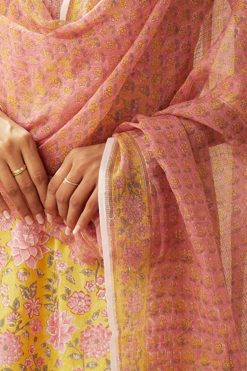 Pink Hand Block-Printed Kota Dupatta