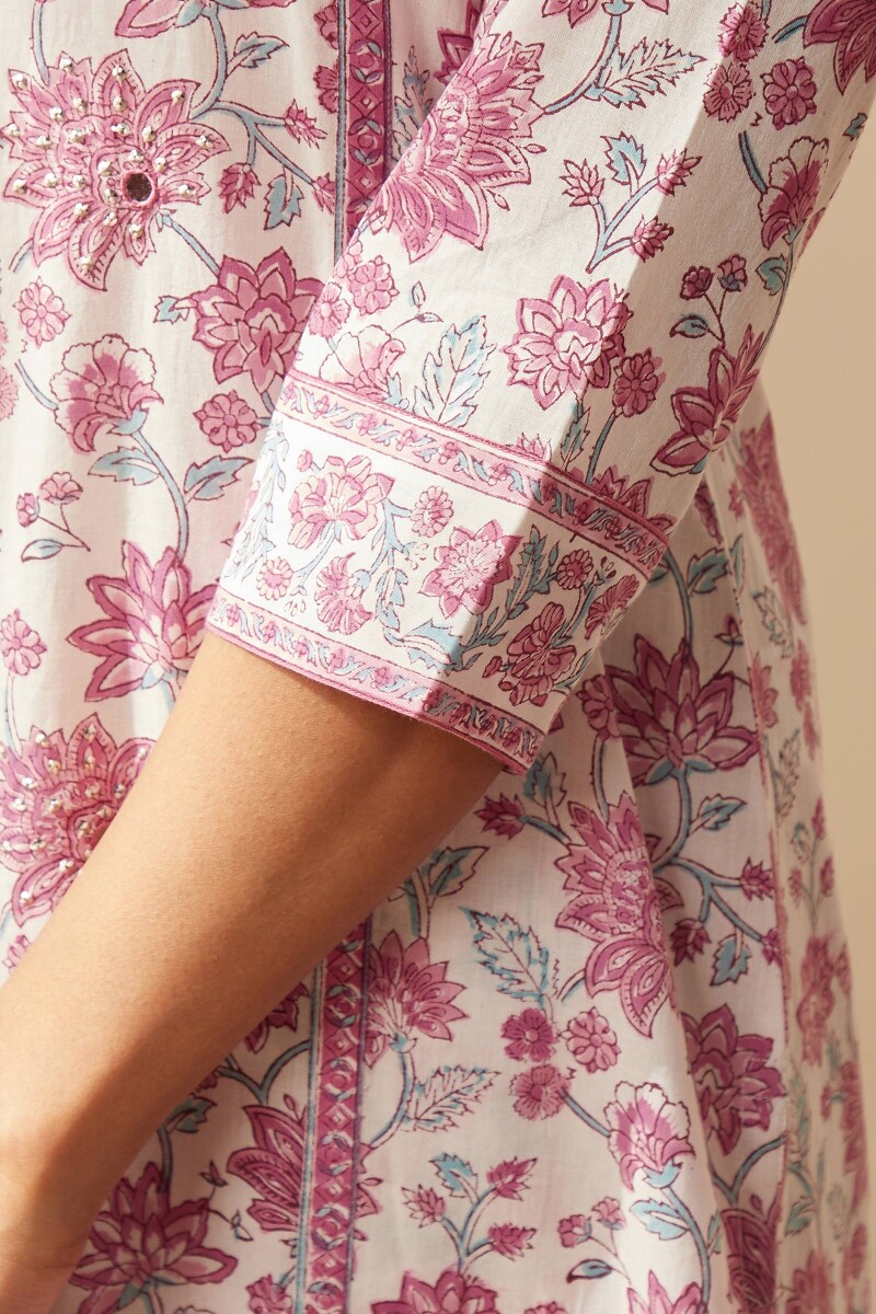 White Hand Block-Printed Straight Cotton Kurta