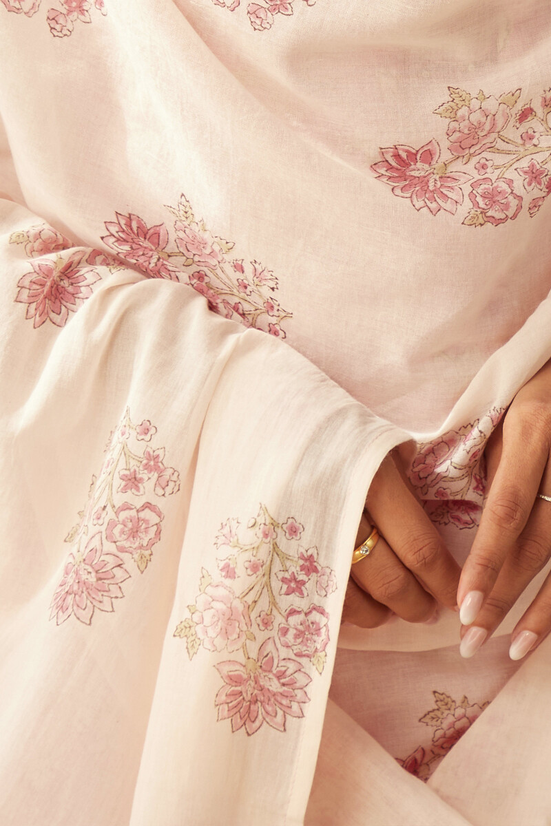 Light Pink Hand Block-Printed Cotton Mul Dupatta