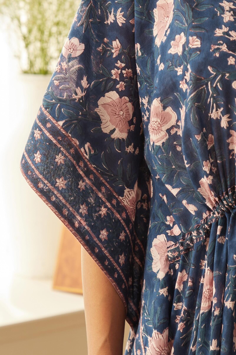 Blue Hand Block-Printed Cotton Mul Kaftan