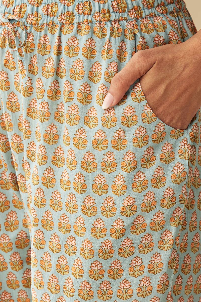 Blue Hand Printed Viscose Narrow Pants