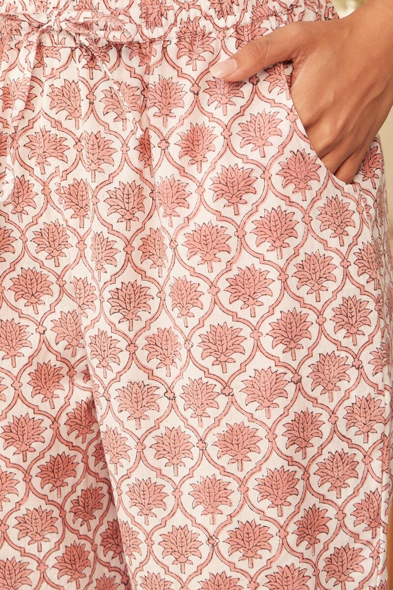 White Hand Block-Printed Cotton Narrow Pants