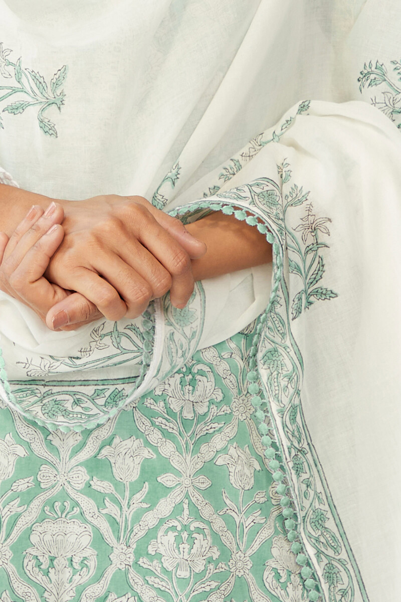 White Hand Block-Printed Cotton Mul Dupatta