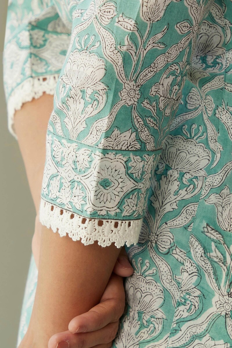 Green Hand Block-Printed Straight Cotton Kurta