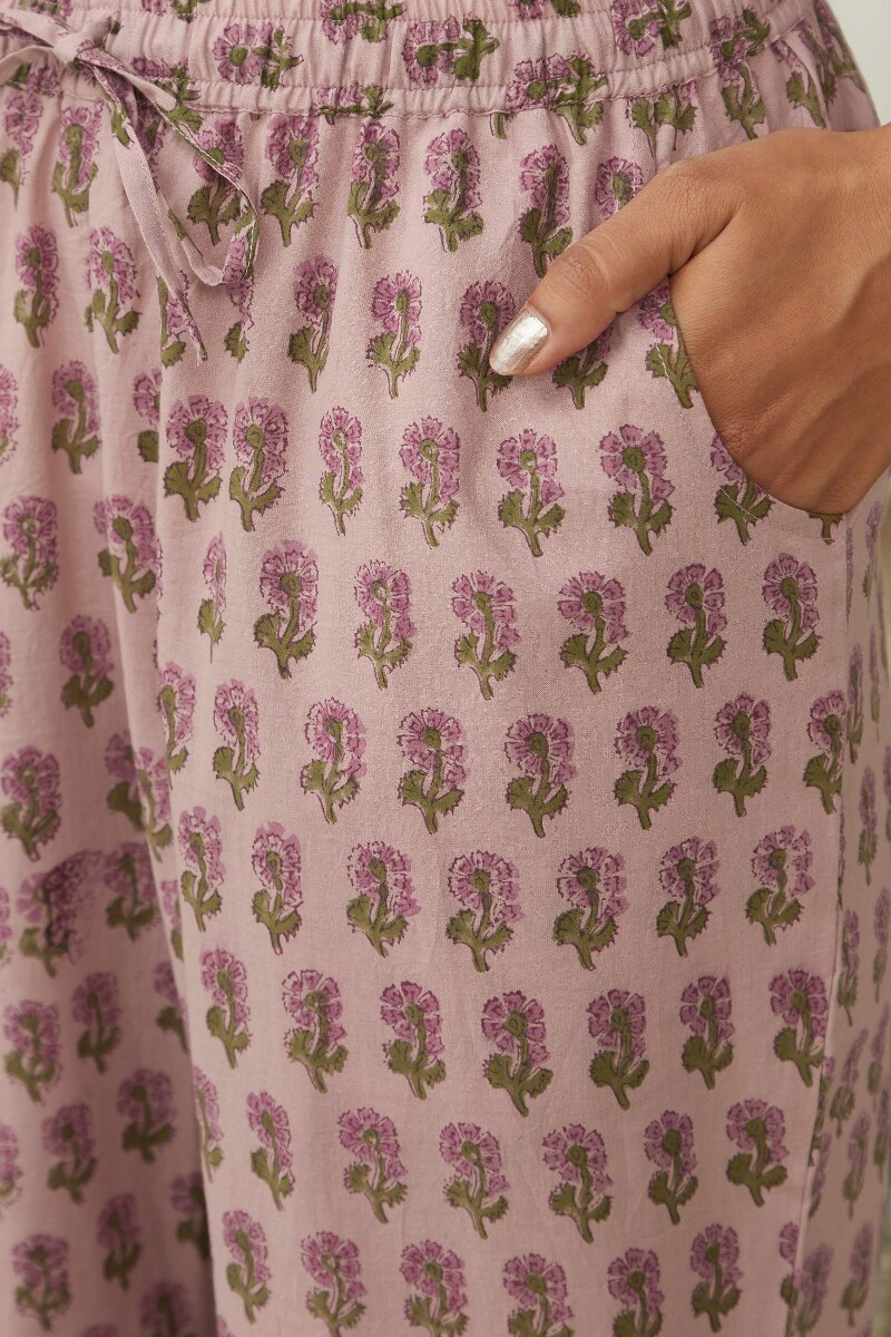Mauve Hand Block-Printed Cotton Narrow Pants