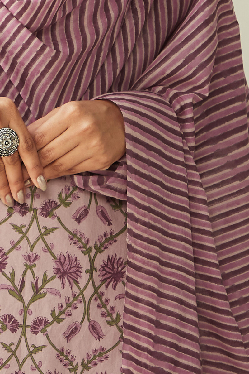 Mauve Hand Block-Printed Cotton Mul Dupatta