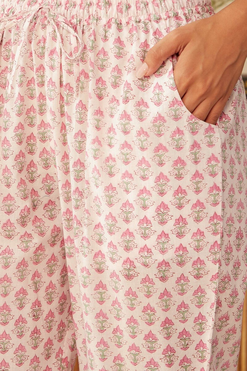 White Hand Block-Printed Cotton Narrow Pants