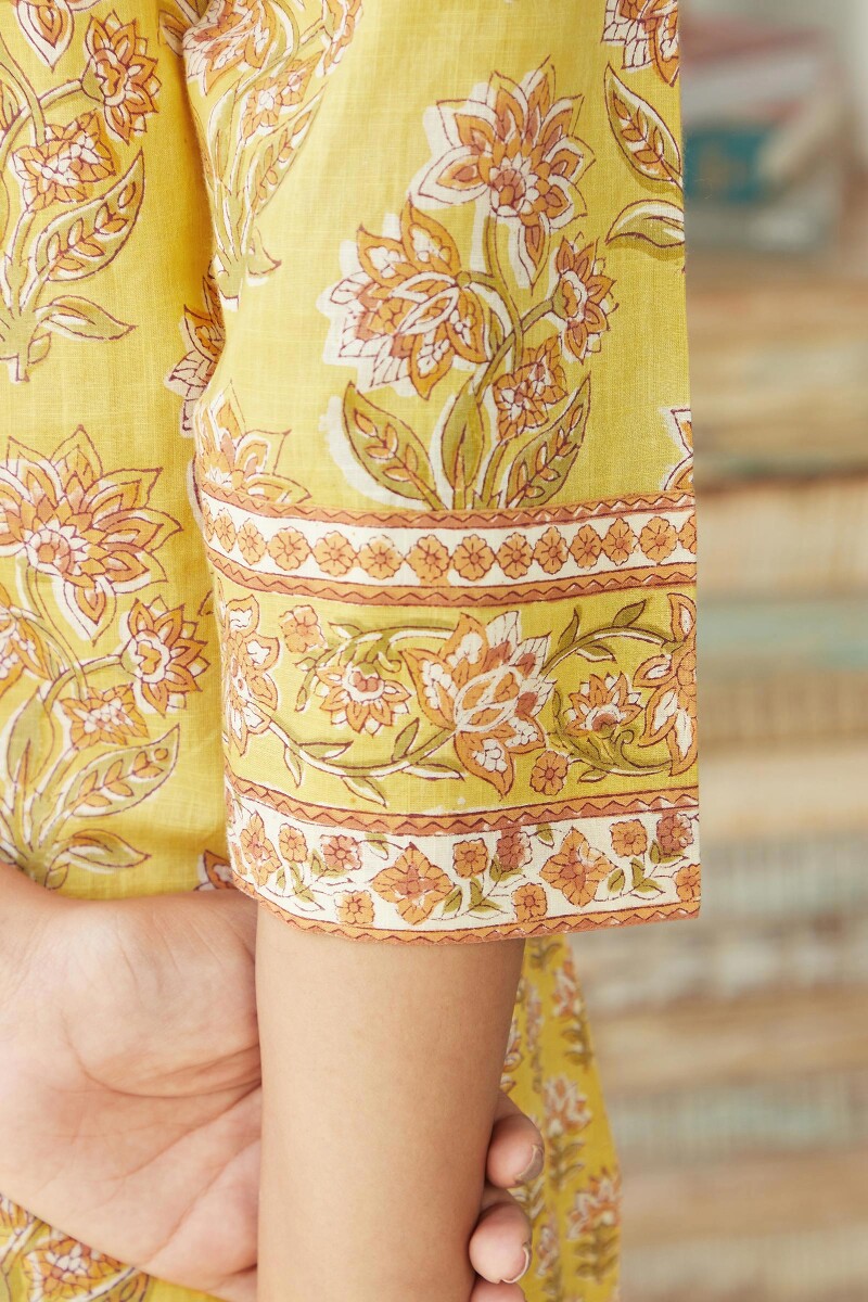 Yellow Hand Block-Printed Straight Cotton Slub Kurta