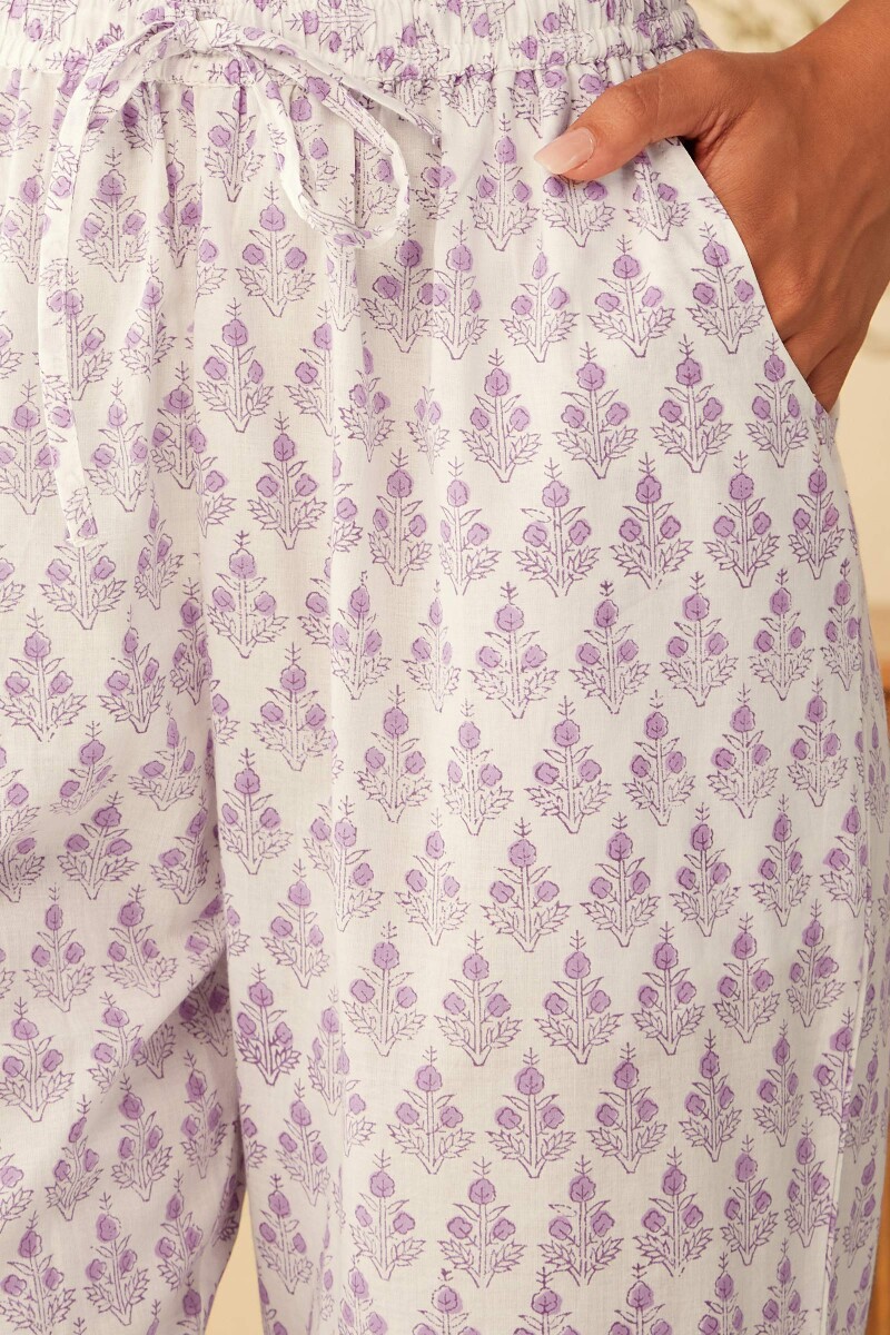 White Hand Block-Printed Cotton Narrow Pants