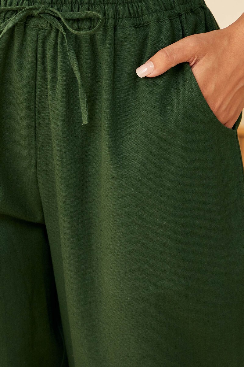 Green Handcrafted Cotton Flax Narrow Pants