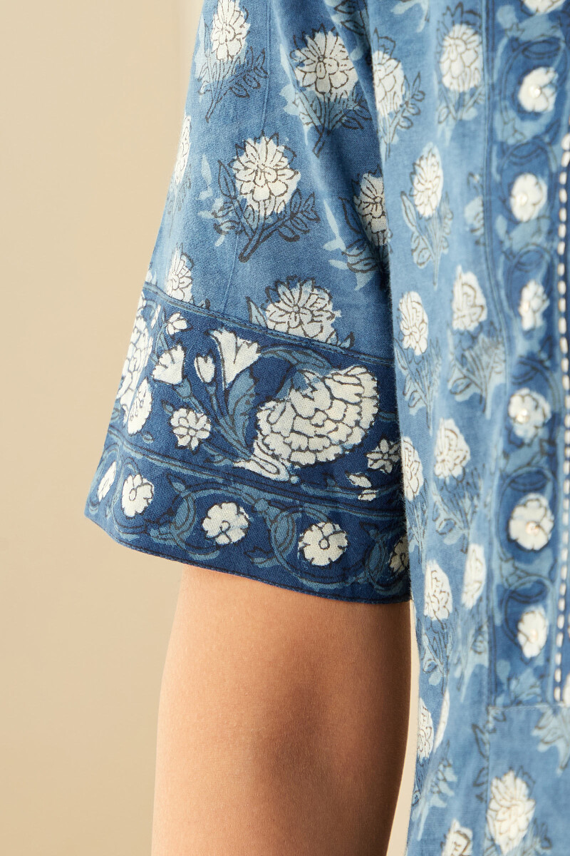 Indigo Hand Block-Printed Straight Cotton Kurta