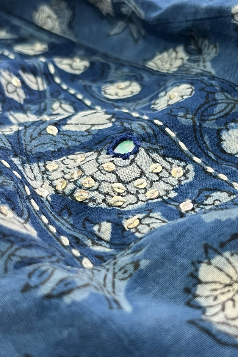 Indigo Hand Block-Printed Straight Cotton Kurta