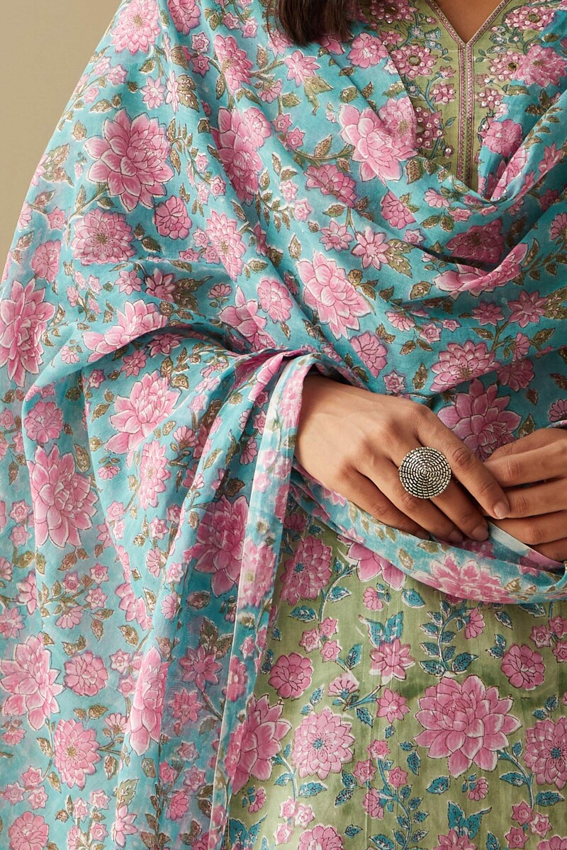 Green Hand Block-Printed Cotton Mul Dupatta