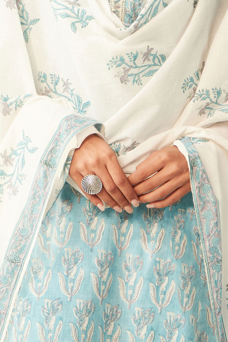 White Hand Block-Printed Cotton Slub Dupatta