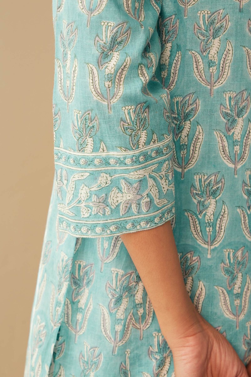 Blue Hand Block-Printed Straight Cotton Slub Kurta