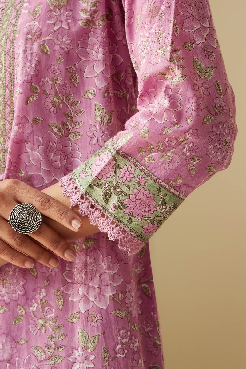 Pink Hand Block-Printed Straight Cotton Kurta