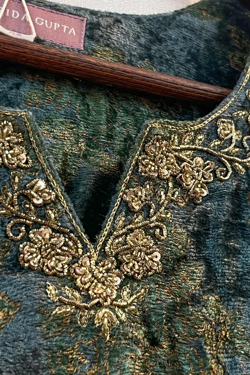 FG Specials: 1 of 1- Teal Handcrafted Straight Velvet Kurta