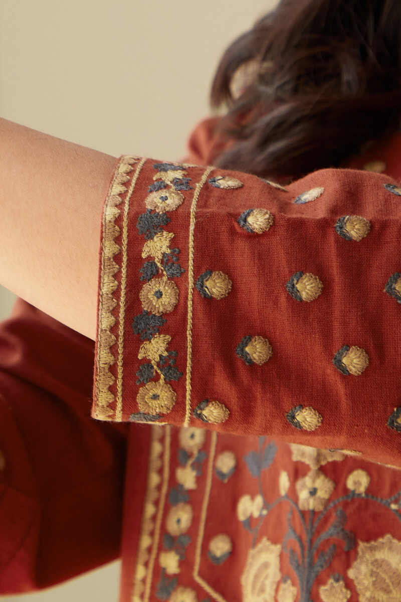 Red Handcrafted Straight Cotton Linen Kurta