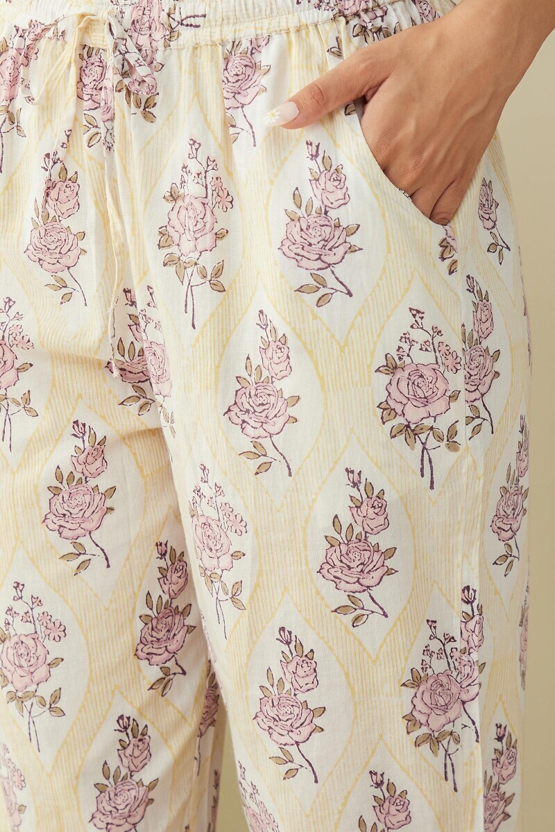 Yellow Hand Block-Printed Cotton Narrow Pants