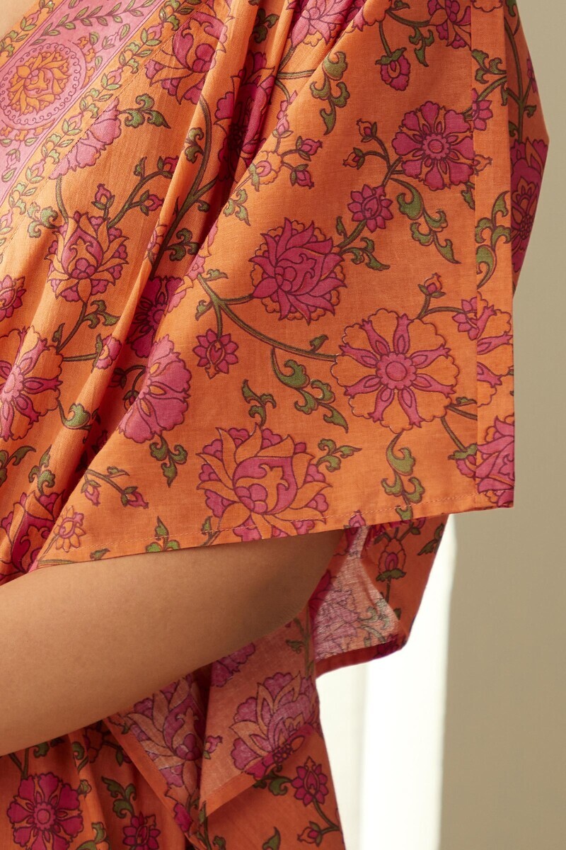 Orange Hand Printed Cotton Mul Kaftan