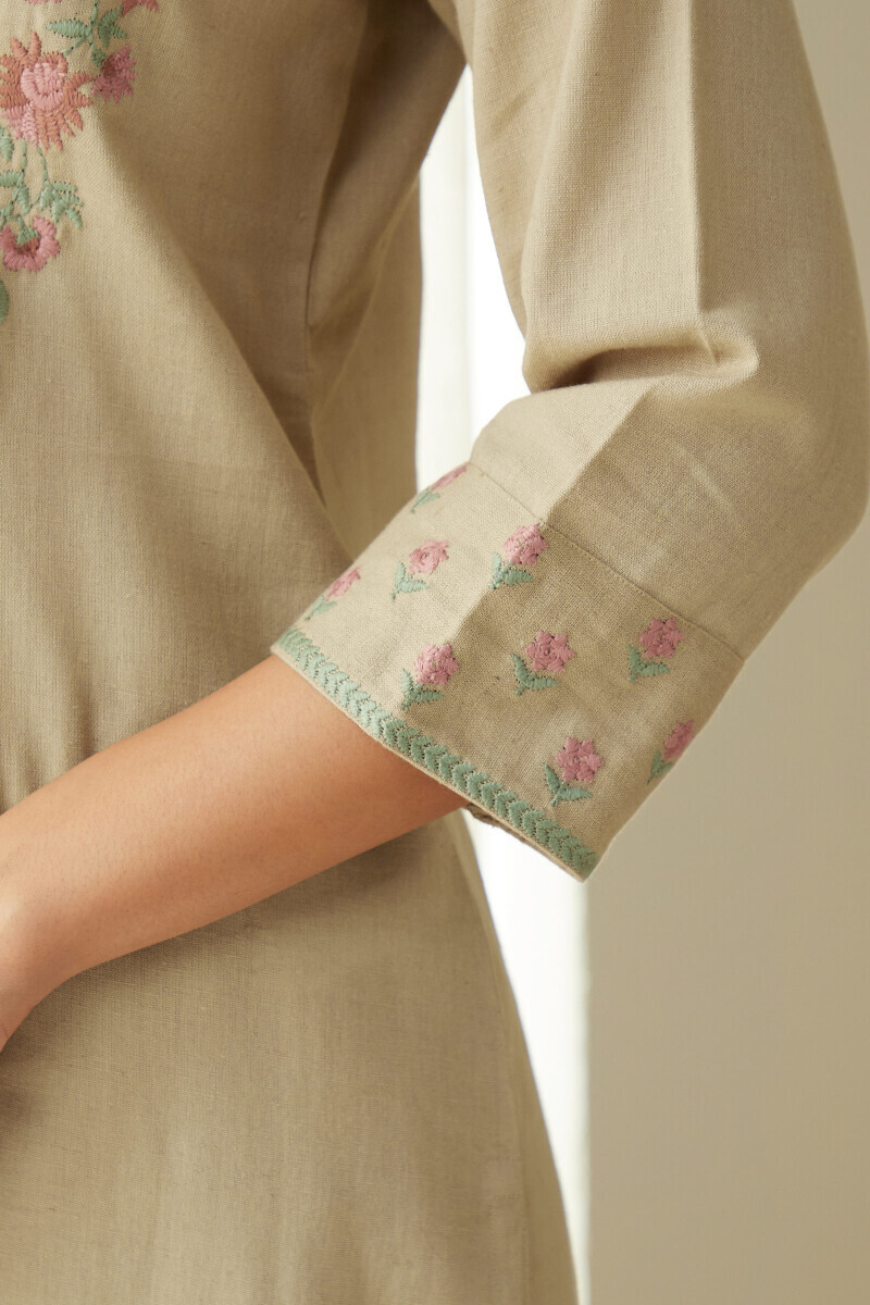 Beige Handcrafted Straight Cotton Flax Kurta