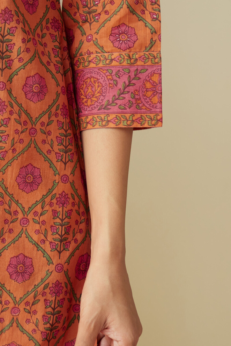 Orange Hand Printed Straight Cotton Kurta