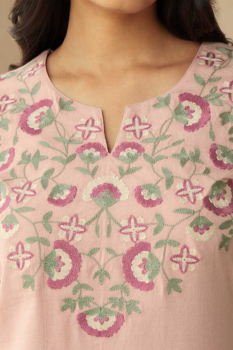 Pink Handcrafted Straight Cotton Flax Kurta