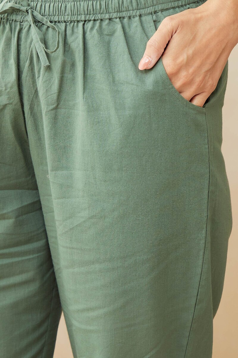 Green Handcrafted Cotton Narrow Pants