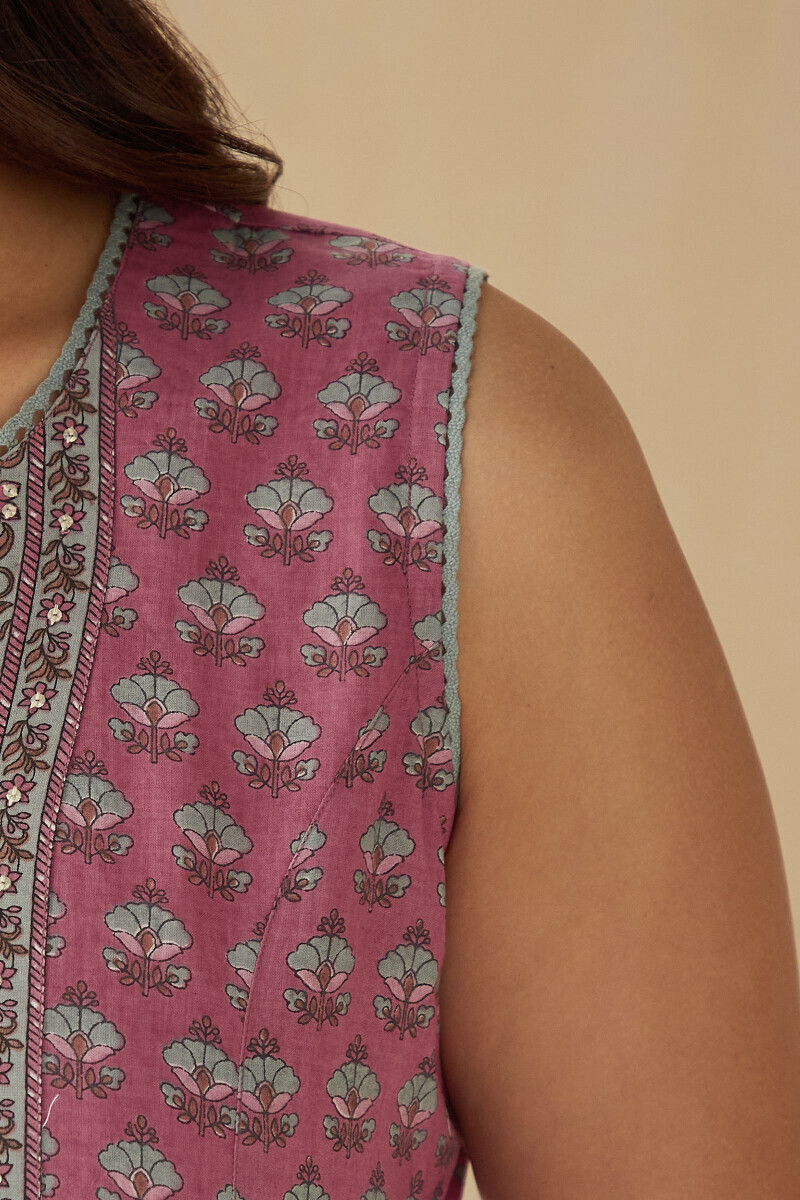 Pink Hand Printed Straight Cotton Kurta